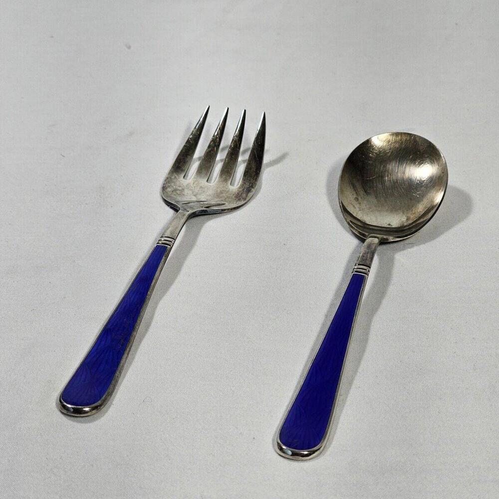 D&C Japan  E.P. Flatware Serving Set Spoon Fork Cobalt Blue W/ Scalloped Design - Picture 2 of 8